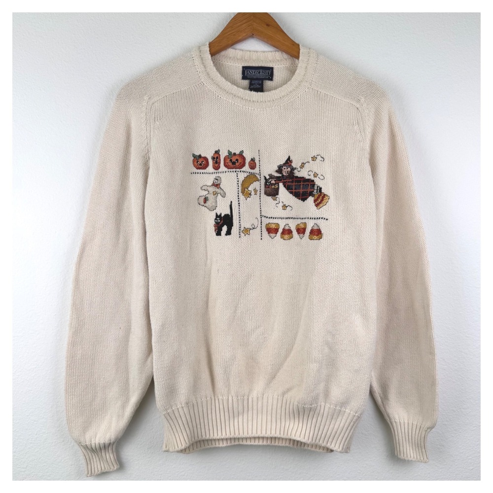 Lands End Sweater Women L Cream Excellent Halloween Witch Ghost Pumpkin Vintage